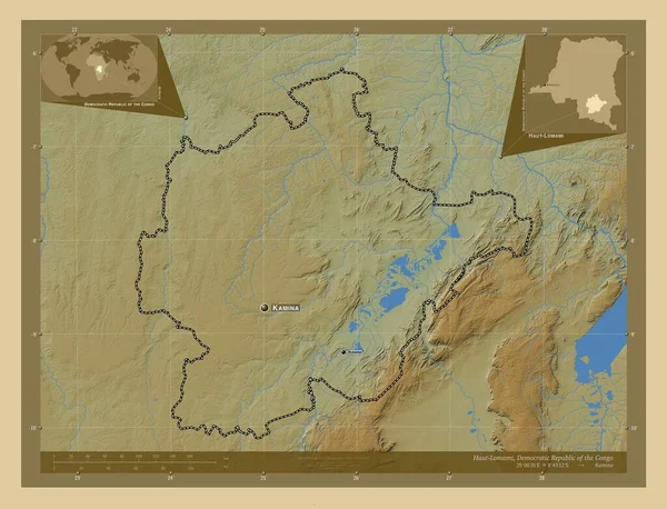 コンゴ民主共和国のハウトロマミ州 湖や川と色の標高マップ 地域の主要都市の位置と名前 コーナー補助位置図 — ストック写真