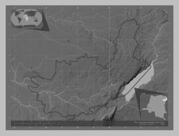 コンゴ民主共和国のイトゥリ県 湖や川とグレースケールの標高マップ 地域の主要都市の位置と名前 コーナー補助位置図 — ストック写真