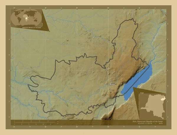 コンゴ民主共和国のイトゥリ県 湖や川と色の標高マップ 地域の主要都市の位置と名前 コーナー補助位置図 — ストック写真