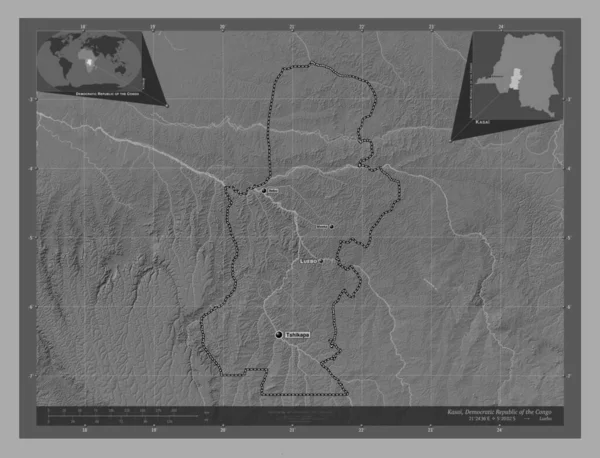 Kasai Prowincja Demokratycznej Republiki Konga Dwupoziomowa Mapa Jeziorami Rzekami Lokalizacje — Zdjęcie stockowe