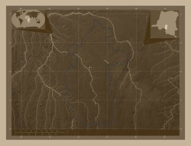 Kasai-Central, Demokratik Kongo Cumhuriyeti. Yükseklik haritası sepya tonlarında göller ve nehirlerle renklendirilmiş. Köşedeki yedek konum haritaları