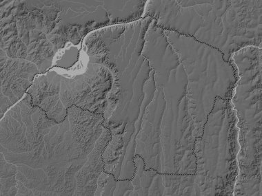 Kinşasa, Demokratik Kongo Cumhuriyeti eyaleti. Gölleri ve nehirleri olan gri tonlama yükseklik haritası