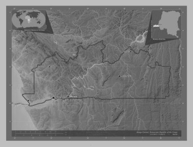 Kongo-Merkez, Demokratik Kongo Cumhuriyeti. Gölleri ve nehirleri olan gri tonlama yükseklik haritası. Bölgenin büyük şehirlerinin yerleri ve isimleri. Köşedeki yedek konum haritaları
