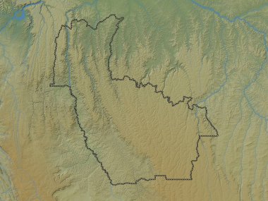 Kwango, Demokratik Kongo Cumhuriyeti eyaleti. Gölleri ve nehirleri olan renkli yükseklik haritası