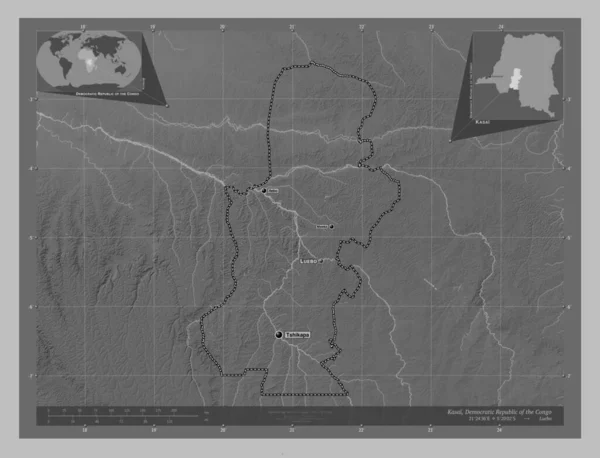 Kasai Province Democratic Republic Congo Grayscale Elevation Map Lakes Rivers — Stock Photo, Image