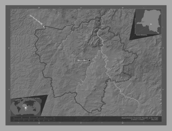 刚果民主共和国东开赛省 带湖泊和河流的比尔维尔高程图 该区域主要城市的地点和名称 角辅助位置图 — 图库照片