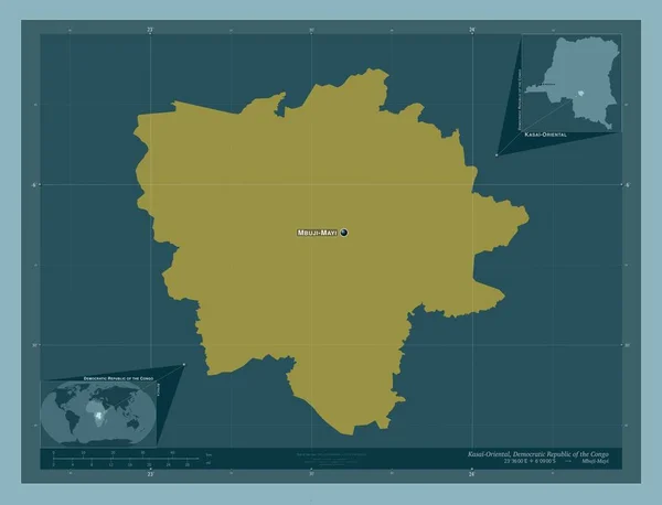 コンゴ民主共和国のカサイ オリエンタル県 しっかりした色の形 地域の主要都市の位置と名前 コーナー補助位置図 — ストック写真