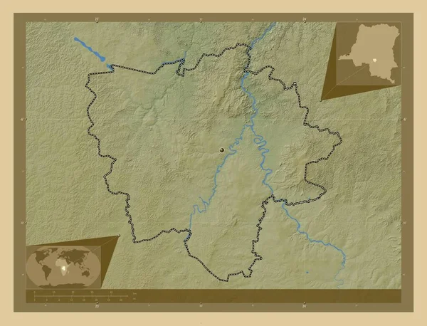 刚果民主共和国东开赛省 有湖泊和河流的彩色高程图 角辅助位置图 — 图库照片