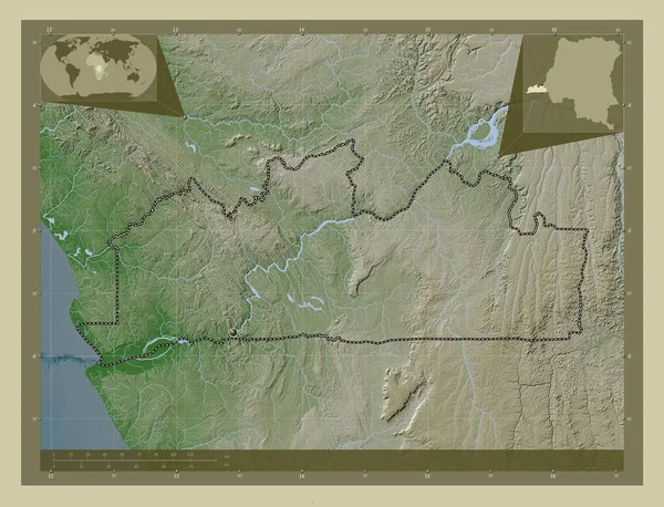 コンゴ民主共和国の金剛中央部に位置する 湖や川とWikiスタイルで着色された標高マップ コーナー補助位置図 — ストック写真