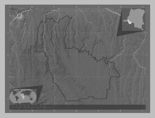 Kwango Province Democratic Republic Congo Grayscale Elevation Map Lakes Rivers — Stock Photo, Image