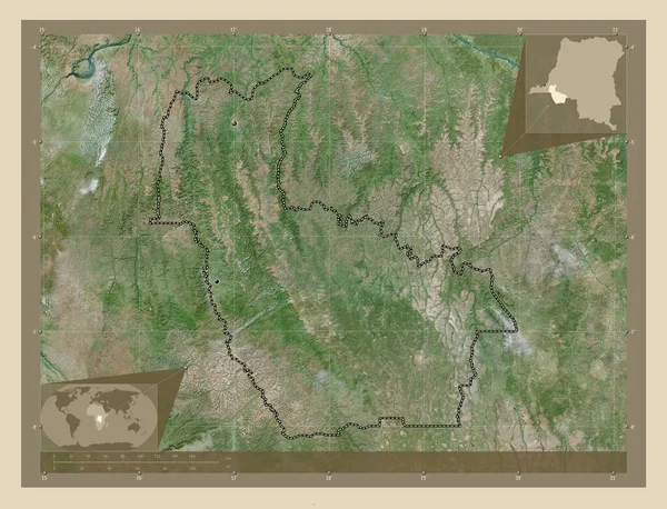コンゴ民主共和国のクワンゴ州 高解像度衛星地図 地域の主要都市の場所 コーナー補助位置図 — ストック写真