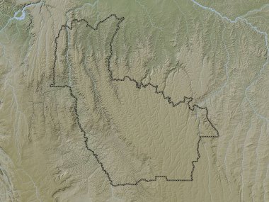 Kwango, Demokratik Kongo Cumhuriyeti eyaleti. Yükseklik haritası göller ve nehirlerle wiki stilinde renklendirilmiştir