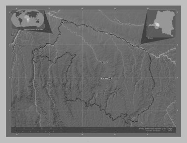Kwilu, Demokratik Kongo Cumhuriyeti eyaleti. Gölleri ve nehirleri olan gri tonlama yükseklik haritası. Bölgenin büyük şehirlerinin yerleri ve isimleri. Köşedeki yedek konum haritaları