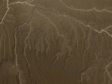 Kwilu, Demokratik Kongo Cumhuriyeti eyaleti. Yükseklik haritası sepya tonlarında göller ve nehirlerle renklendirilmiş