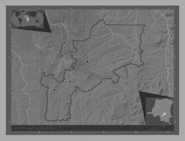 Lomami, Demokratik Kongo Cumhuriyeti eyaleti. Göllü ve nehirli çift katlı yükseklik haritası. Bölgenin büyük şehirlerinin yerleri. Köşedeki yedek konum haritaları