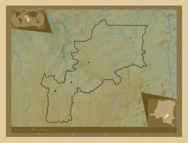 Lomami, Demokratik Kongo Cumhuriyeti eyaleti. Gölleri ve nehirleri olan renkli yükseklik haritası. Bölgenin büyük şehirlerinin yerleri. Köşedeki yedek konum haritaları