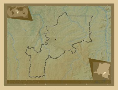 Lomami, Demokratik Kongo Cumhuriyeti eyaleti. Gölleri ve nehirleri olan renkli yükseklik haritası. Köşedeki yedek konum haritaları