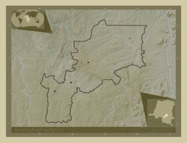 Lomami, Demokratik Kongo Cumhuriyeti eyaleti. Yükseklik haritası göller ve nehirlerle wiki tarzında renklendirilmiş. Bölgenin büyük şehirlerinin yerleri. Köşedeki yedek konum haritaları