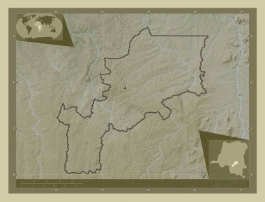 Lomami, Demokratik Kongo Cumhuriyeti eyaleti. Yükseklik haritası göller ve nehirlerle wiki tarzında renklendirilmiş. Köşedeki yedek konum haritaları