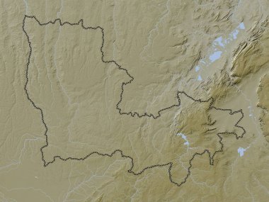 Lualaba, Demokratik Kongo Cumhuriyeti eyaleti. Yükseklik haritası göller ve nehirlerle wiki stilinde renklendirilmiştir