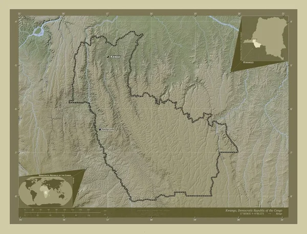 Kwango 刚果民主共和国省 用Wiki风格绘制的带有湖泊和河流的高程地图 该区域主要城市的地点和名称 角辅助位置图 — 图库照片