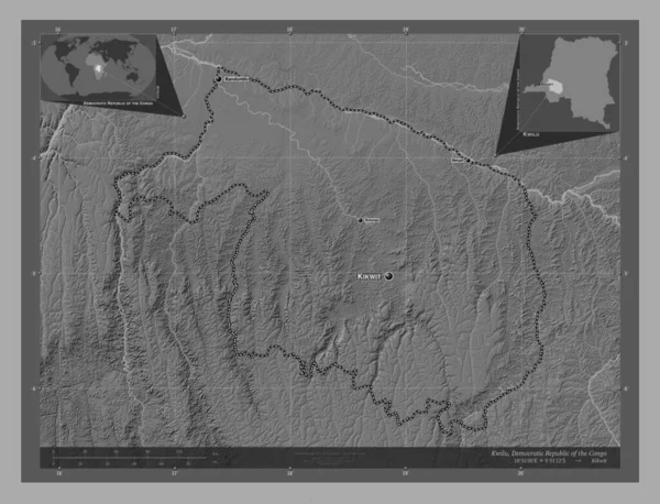 Kwilu Prowincja Demokratycznej Republiki Konga Dwupoziomowa Mapa Jeziorami Rzekami Lokalizacje — Zdjęcie stockowe
