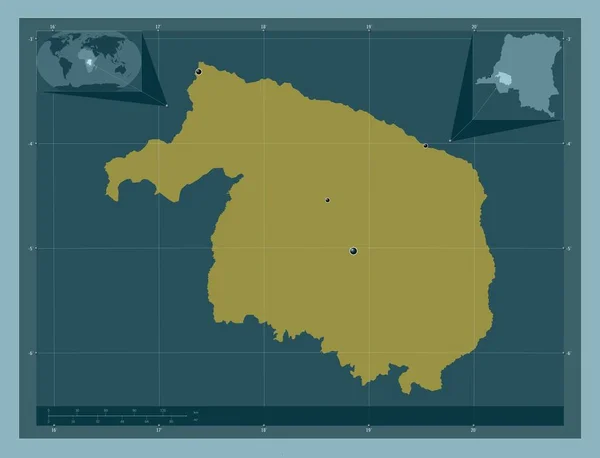 コンゴの民主共和国の州Kwilu しっかりした色の形 地域の主要都市の場所 コーナー補助位置図 — ストック写真