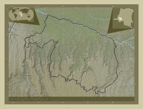 コンゴの民主共和国の州Kwilu 湖や川とWikiスタイルで着色された標高マップ 地域の主要都市の場所 コーナー補助位置図 — ストック写真