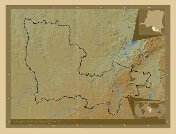 コンゴ民主共和国のルアラバ州 湖や川と色の標高マップ 地域の主要都市の場所 コーナー補助位置図 — ストック写真