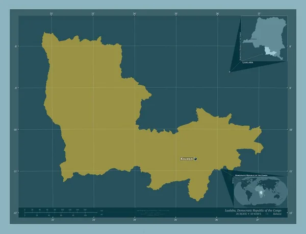コンゴ民主共和国のルアラバ州 しっかりした色の形 地域の主要都市の位置と名前 コーナー補助位置図 — ストック写真