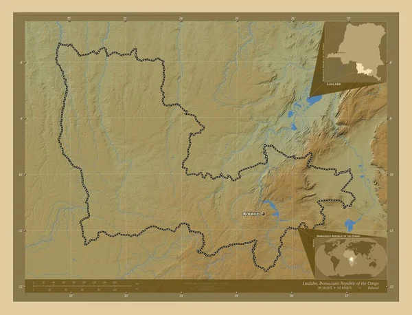 コンゴ民主共和国のルアラバ州 湖や川と色の標高マップ 地域の主要都市の位置と名前 コーナー補助位置図 — ストック写真