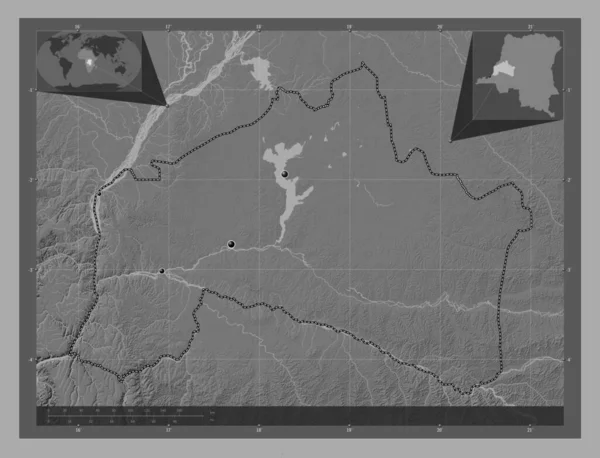 コンゴ民主共和国 Democratic Republic Congo 湖や川と二階の標高マップ 地域の主要都市の場所 コーナー補助位置図 — ストック写真