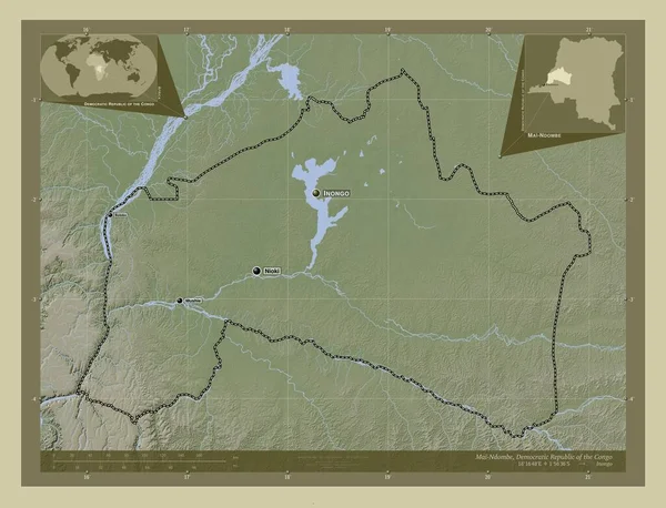 コンゴ民主共和国 Democratic Republic Congo 湖や川とWikiスタイルで着色された標高マップ 地域の主要都市の位置と名前 コーナー補助位置図 — ストック写真