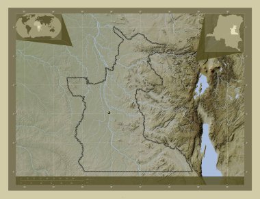 Maniema, Demokratik Kongo Cumhuriyeti eyaleti. Yükseklik haritası göller ve nehirlerle wiki tarzında renklendirilmiş. Köşedeki yedek konum haritaları