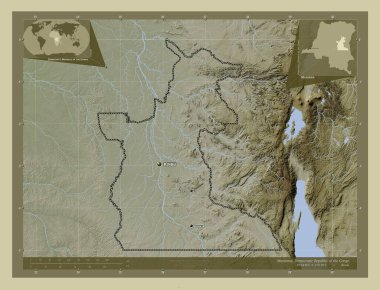 Maniema, Demokratik Kongo Cumhuriyeti eyaleti. Yükseklik haritası göller ve nehirlerle wiki tarzında renklendirilmiş. Bölgenin büyük şehirlerinin yerleri ve isimleri. Köşedeki yedek konum haritaları