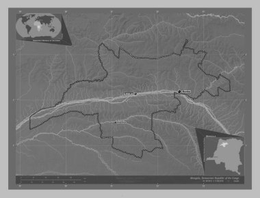 Mongala, Demokratik Kongo Cumhuriyeti eyaleti. Gölleri ve nehirleri olan gri tonlama yükseklik haritası. Bölgenin büyük şehirlerinin yerleri ve isimleri. Köşedeki yedek konum haritaları