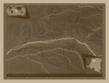 Mongala, Demokratik Kongo Cumhuriyeti eyaleti. Yükseklik haritası sepya tonlarında göller ve nehirlerle renklendirilmiş. Bölgenin büyük şehirlerinin yerleri. Köşedeki yedek konum haritaları