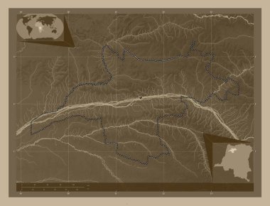 Mongala, Demokratik Kongo Cumhuriyeti eyaleti. Yükseklik haritası sepya tonlarında göller ve nehirlerle renklendirilmiş. Köşedeki yedek konum haritaları