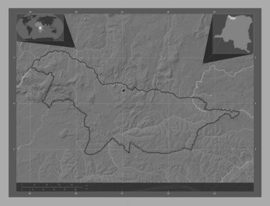 Nord-Ubangi, Demokratik Kongo Cumhuriyeti eyaleti. Göllü ve nehirli çift katlı yükseklik haritası. Köşedeki yedek konum haritaları