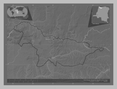 Nord-Ubangi, Demokratik Kongo Cumhuriyeti eyaleti. Gölleri ve nehirleri olan gri tonlama yükseklik haritası. Bölgenin büyük şehirlerinin yerleri ve isimleri. Köşedeki yedek konum haritaları