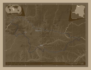 Nord-Ubangi, Demokratik Kongo Cumhuriyeti eyaleti. Yükseklik haritası sepya tonlarında göller ve nehirlerle renklendirilmiş. Bölgenin büyük şehirlerinin yerleri ve isimleri. Köşedeki yedek konum haritaları