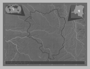 Sankuru, Demokratik Kongo Cumhuriyeti ili. Gölleri ve nehirleri olan gri tonlama yükseklik haritası. Köşedeki yedek konum haritaları