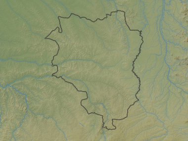 Sankuru, Demokratik Kongo Cumhuriyeti ili. Gölleri ve nehirleri olan renkli yükseklik haritası