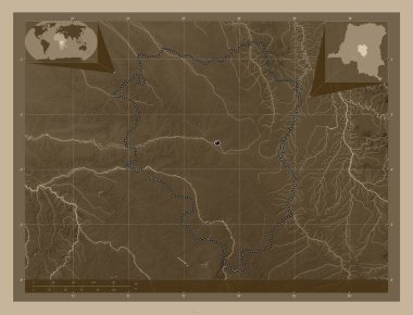 Sankuru, Demokratik Kongo Cumhuriyeti ili. Yükseklik haritası sepya tonlarında göller ve nehirlerle renklendirilmiş. Bölgenin büyük şehirlerinin yerleri. Köşedeki yedek konum haritaları
