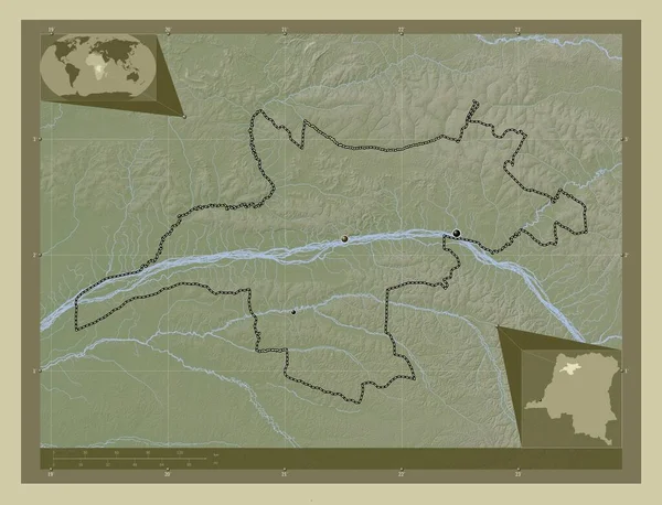 コンゴ民主共和国のモンガラ州 湖や川とWikiスタイルで着色された標高マップ 地域の主要都市の場所 コーナー補助位置図 — ストック写真