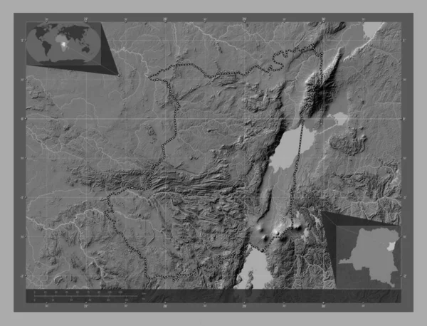 北キヴ コンゴ民主共和国の州 湖や川と二階の標高マップ コーナー補助位置図 — ストック写真