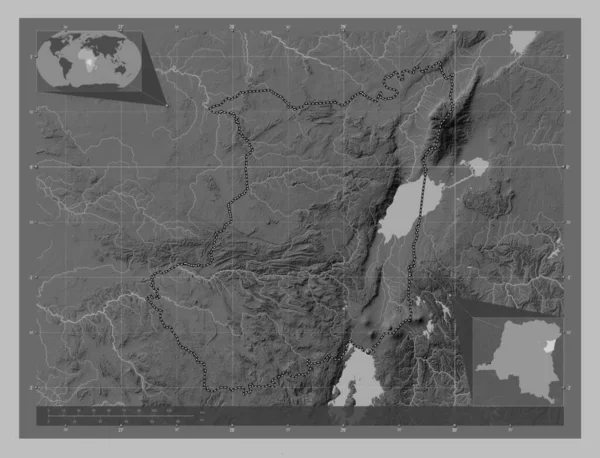 北キヴ コンゴ民主共和国の州 湖や川とグレースケールの標高マップ コーナー補助位置図 — ストック写真