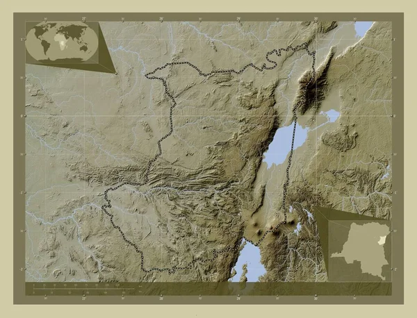 刚果民主共和国北基伍省 用Wiki风格绘制的带有湖泊和河流的高程地图 角辅助位置图 — 图库照片