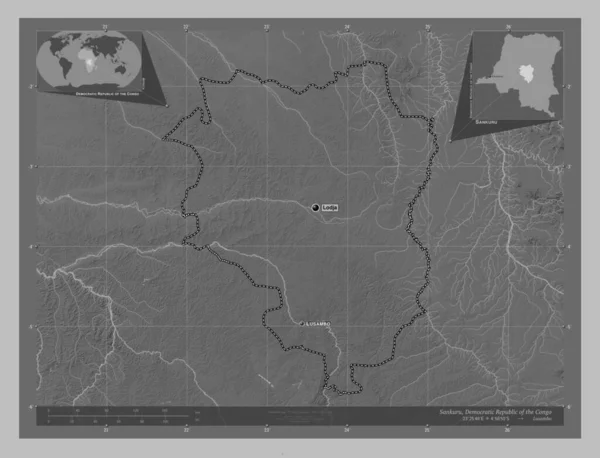 刚果民主共和国桑库鲁 带有湖泊和河流的灰度高程图 该区域主要城市的地点和名称 角辅助位置图 — 图库照片
