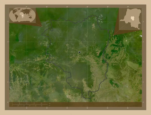 コンゴ民主共和国のサンクル県 低解像度衛星地図 地域の主要都市の場所 コーナー補助位置図 — ストック写真